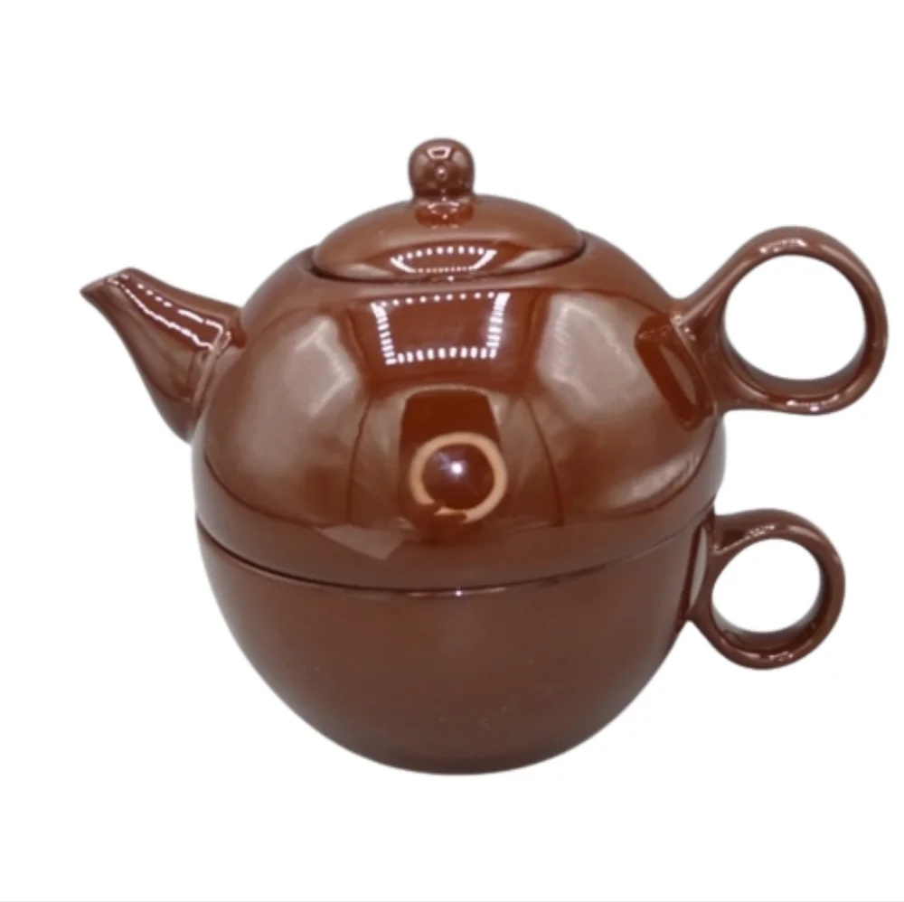 Metropolitan Tea Dark Brown Ceramic Tea for One Stacked Cup Mug and Teapot